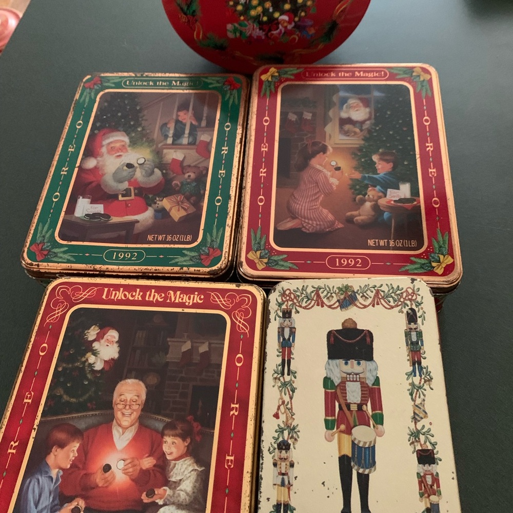 Vintage Festive Holiday Oreo Tin Set with Santa and Nutcracker Designs